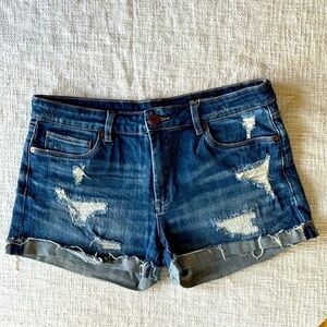 BlankNYC The Fulton Distressed Blue Denim Rolled Cuff Jean Shorts